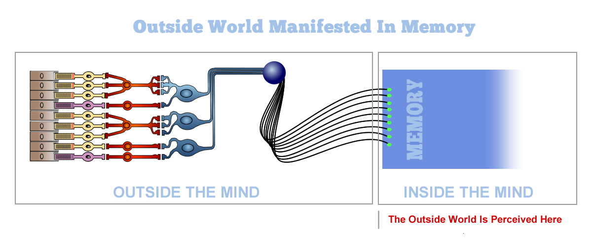 A simplifeid, closeup diagram of how the outside world comes in through the retiina, sent to the brain, and is manifested in the mind.